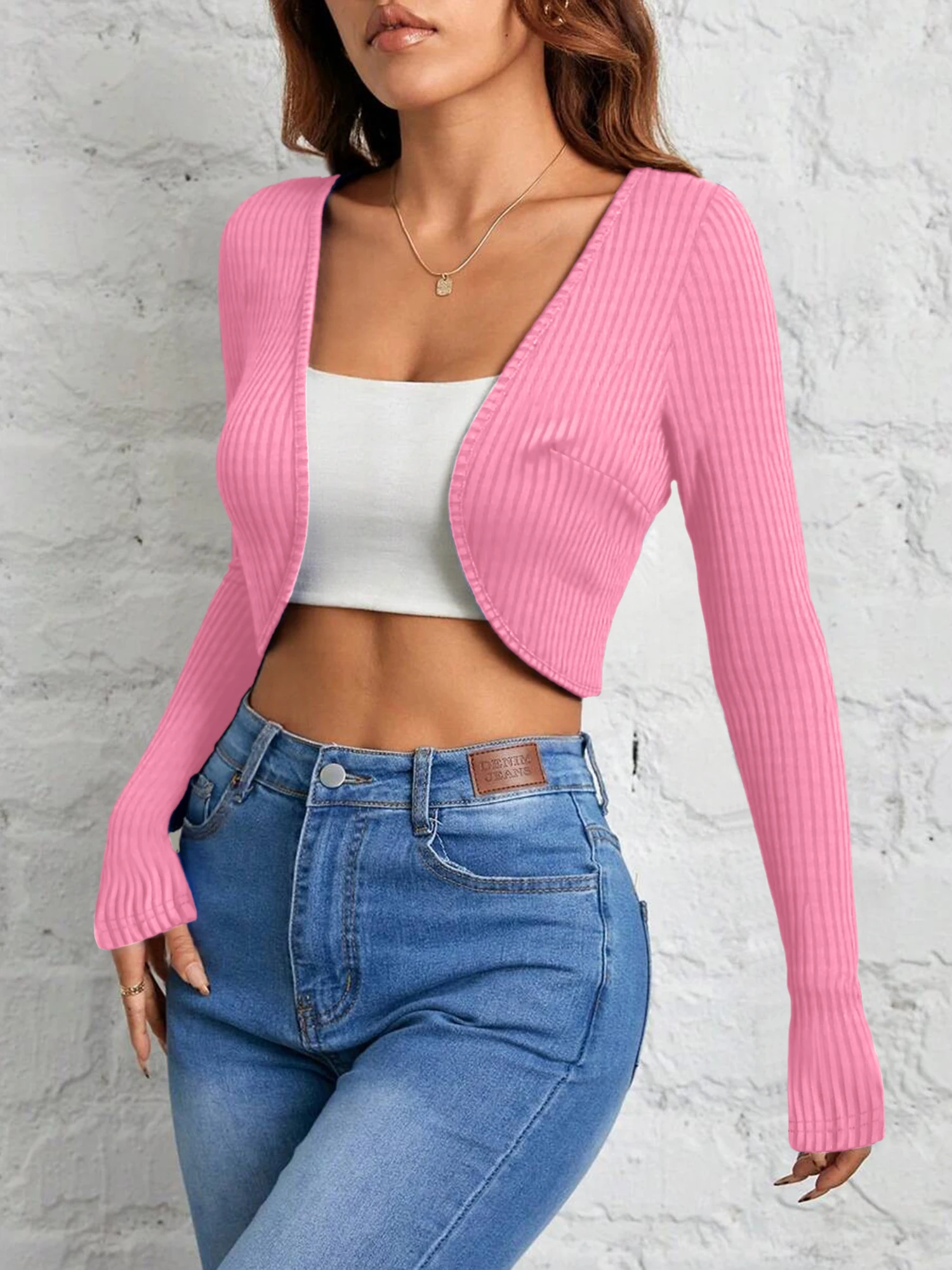 

Женский укороченный топ в рубчик в городском стиле, облегающий кардиган с длинным рукавом, новая универсальная многослойная укороченная верхняя одежда 2026 года