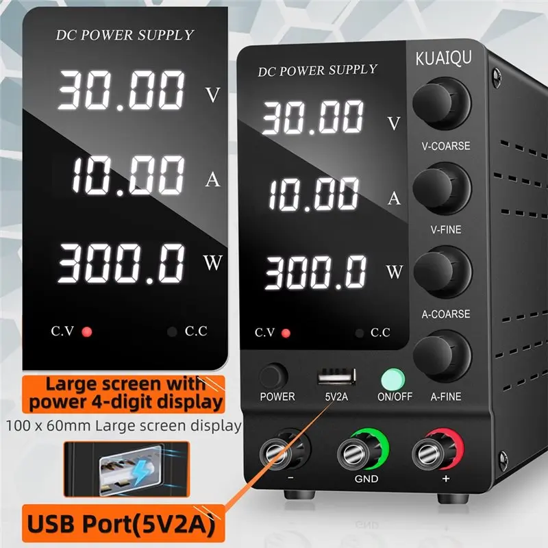 KUAIQU USB Interface DC Power Supply Adjustable 30V 10A, 60V 5A, 120V 3A- Lab Bench With Precise LED Display SPS-C1203
