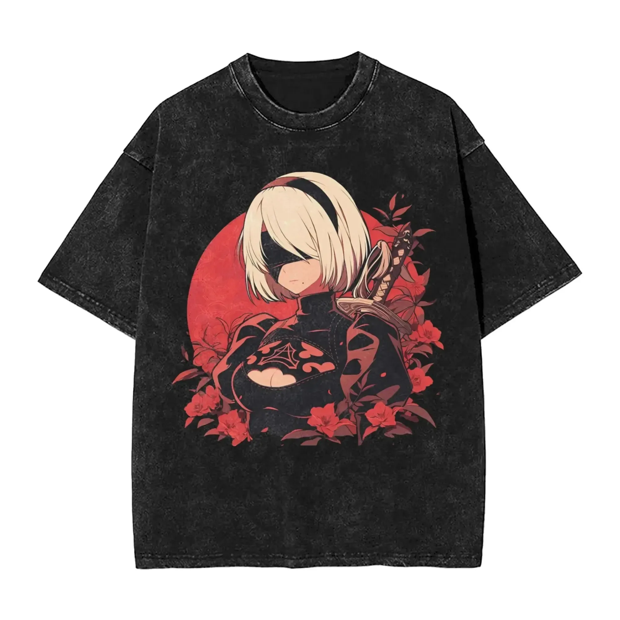 2026 Summer NieR Automata 2B YoRHa Anime Washed T-shirt Men Women Vintage Oversized Streetwear Harajuku Short Sleeve Cotton Tee