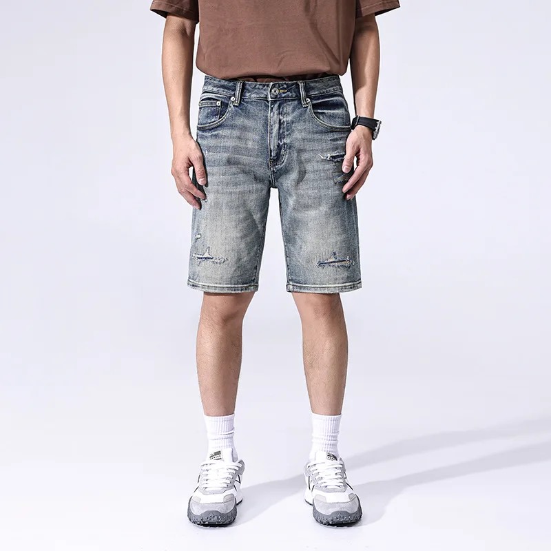 

Summer minimalist elastic high-quality denim shorts men's light luxury Japanese youth denim ripped shorts jeans for men