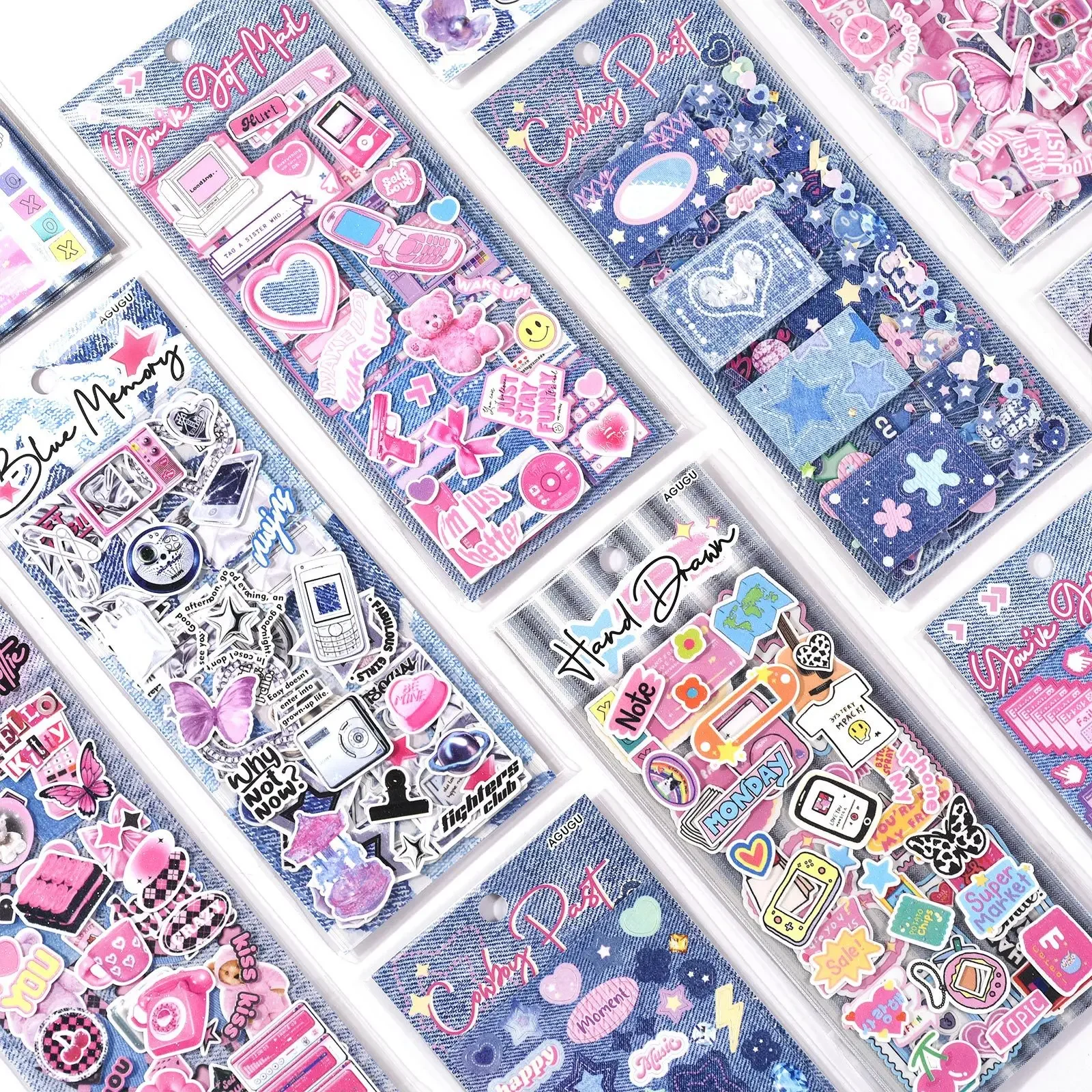 3Pcs Korean Y2K Vintage Denim Cute Shiny Material Stickers Blingbling Kawaii Girl Scrapbook Notebook Kpop Photo Card DIY Decor