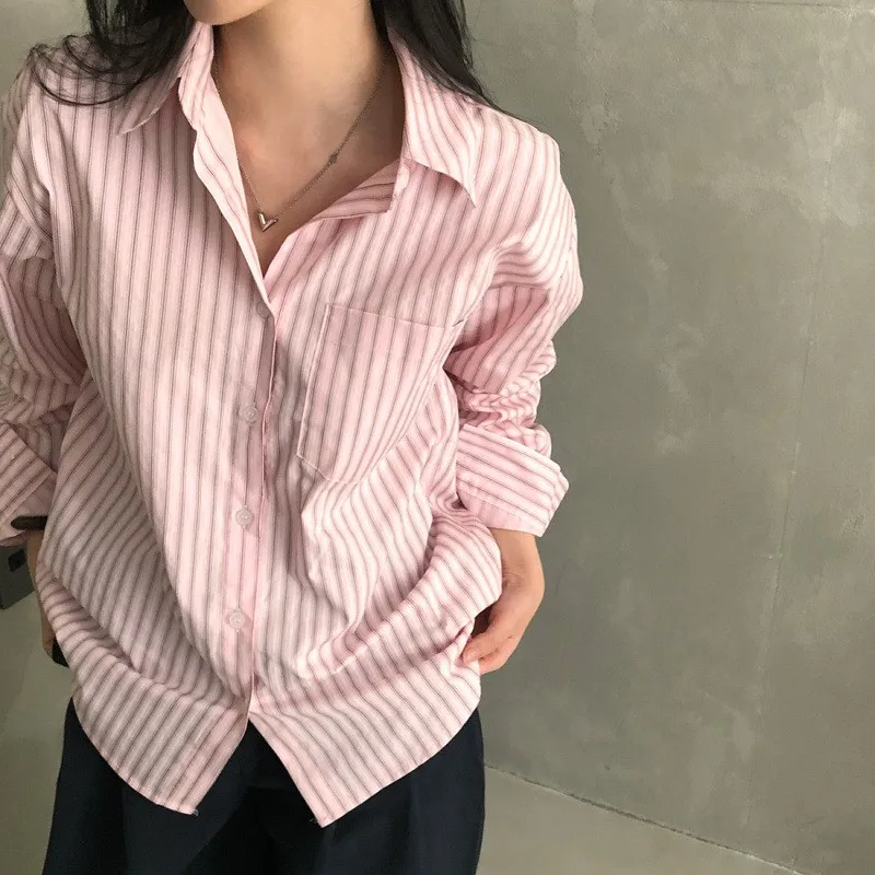 

Spring Women's Clothing Striped Long Sleeve Loose Fit Blouse High Quality Tops Polyester Casual Elegant Neck Shirt