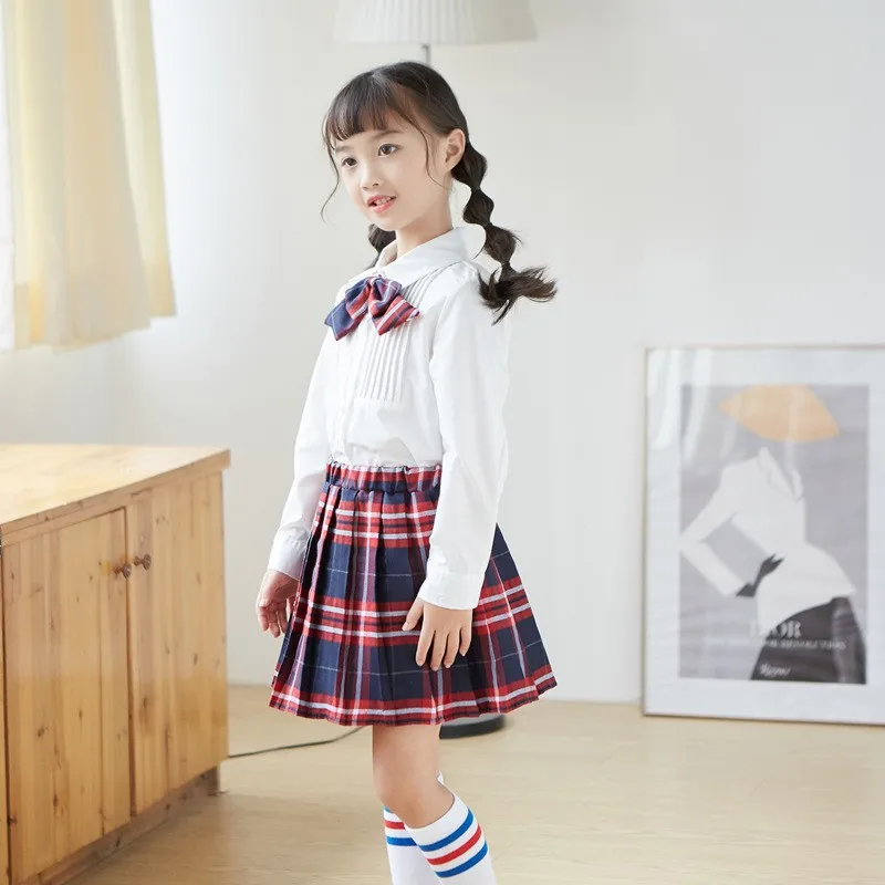 Long Sleeve Girls School Uniform Korean Style Student Costume Children Pleated Shirt With Plaid Skirt School Performance Suit