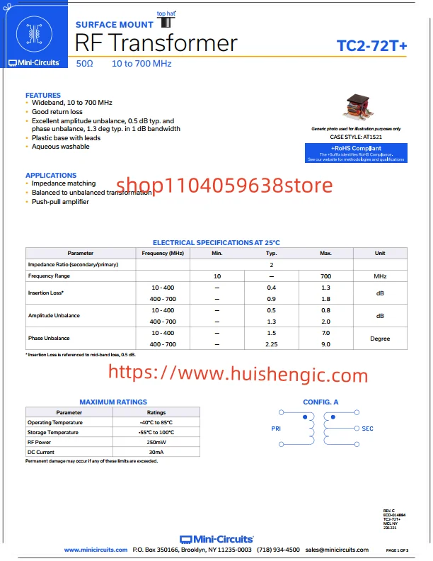 TC2-72T+     RF Balun Transformer 10MHz ~ 700MHz 1:2 6-SMD (5-Lead), Flat