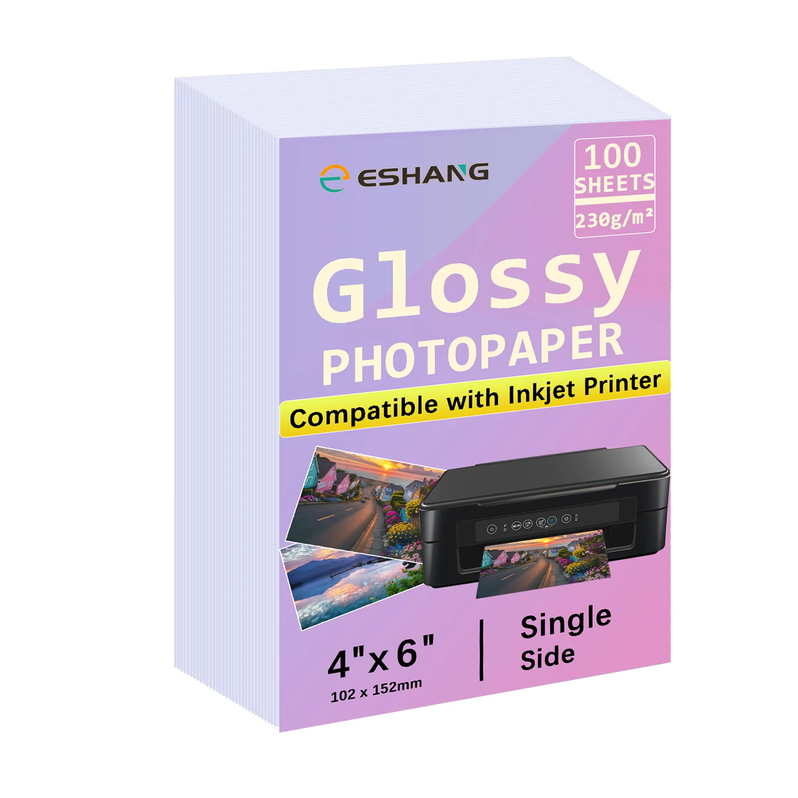 ESHANG 100 arkuszy papieru fotograficznego 4R, 230 g/m2 4 x 6 Premium błyszczący papier fotograficzny Papier fotograficzny Papier do drukarek broszur