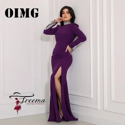 OIMG New Design High Neck Prom Dresses Long Sleeves Saudi Arabic Satin Ruched Crystals Women Evening Gowns Formal Party Dress