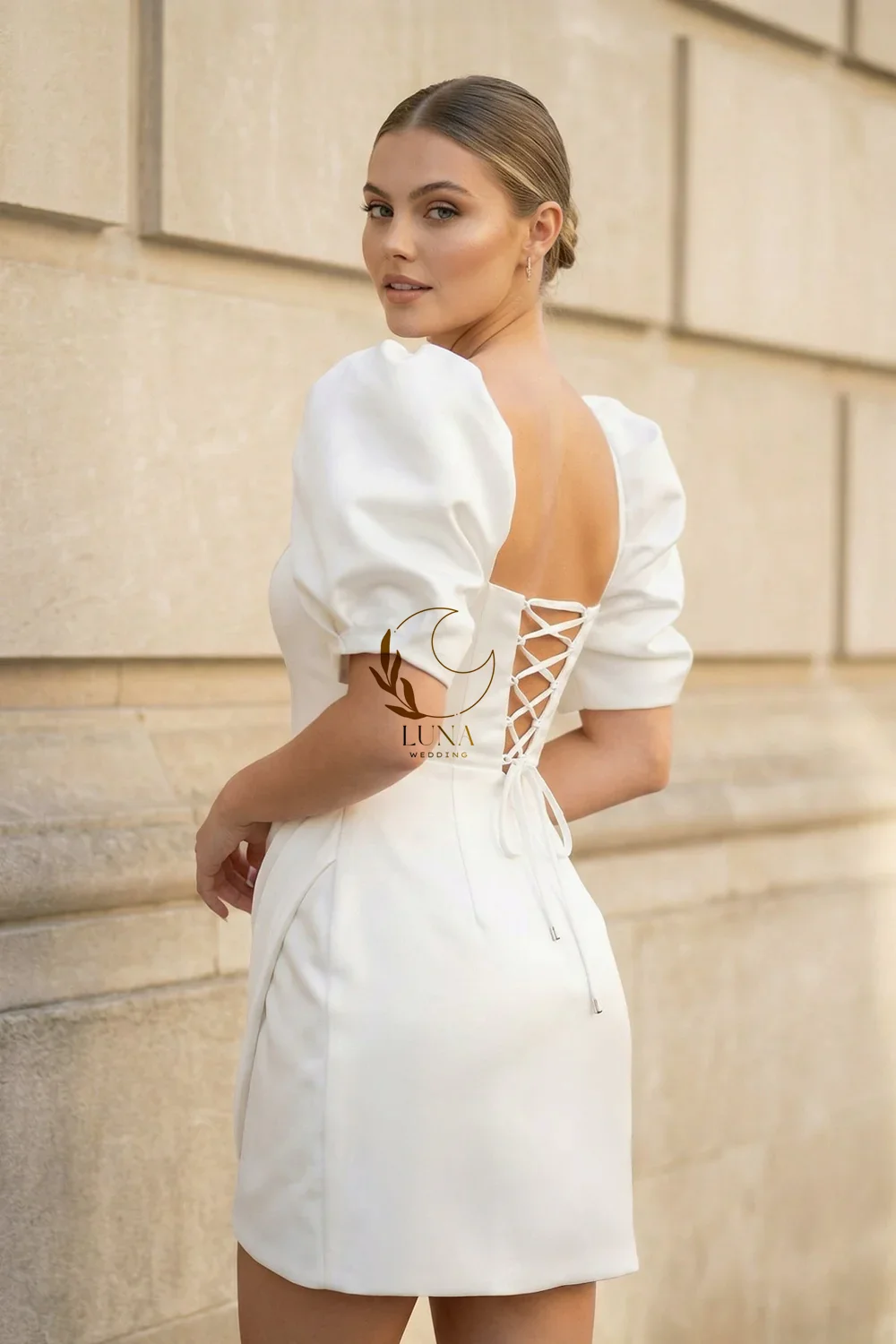 Luna Customized Sheath Short Sleeves Satin Wedding Dress Square Collar Corset Back Civil Bridal Party Dresses Vestidos De Novia