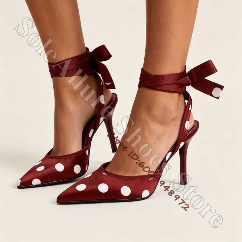 Satin White Polka Dot Pointed Slingback Heels Wide Ribbon Ankle Bow Tie Slim Stiletto Pumps Retro Pin-Up Wedding Sexy Sandals