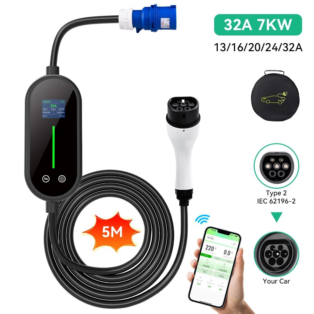 

JDMEX Type2 Portable EV Charger 7KW Car Charger 32A 1Phase Wallbox EVSE Charger APP Control Language Switch CEE Plug 5M Cable