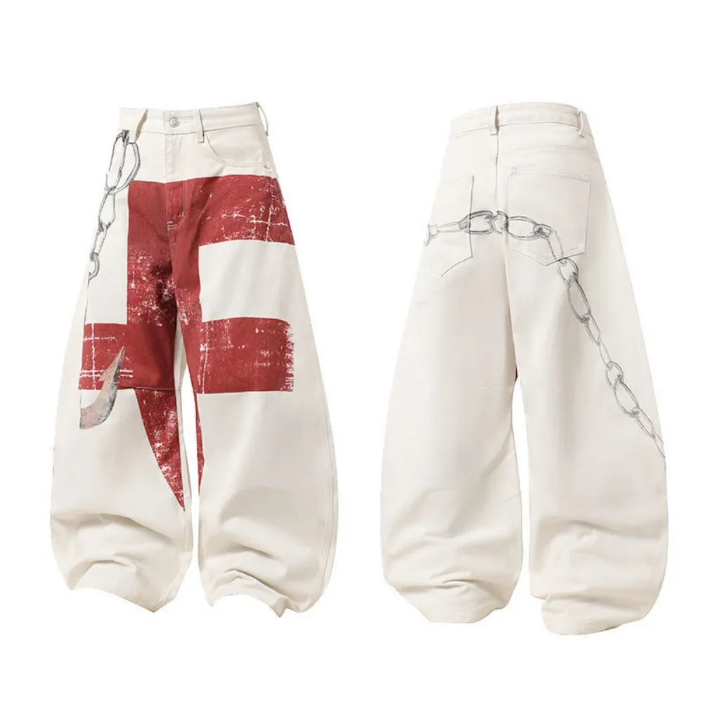 High Street White Jeans Pants 3D Chain Print Curved Knife Hip-hop Men's and Women's Loose Street Style Denim Pants