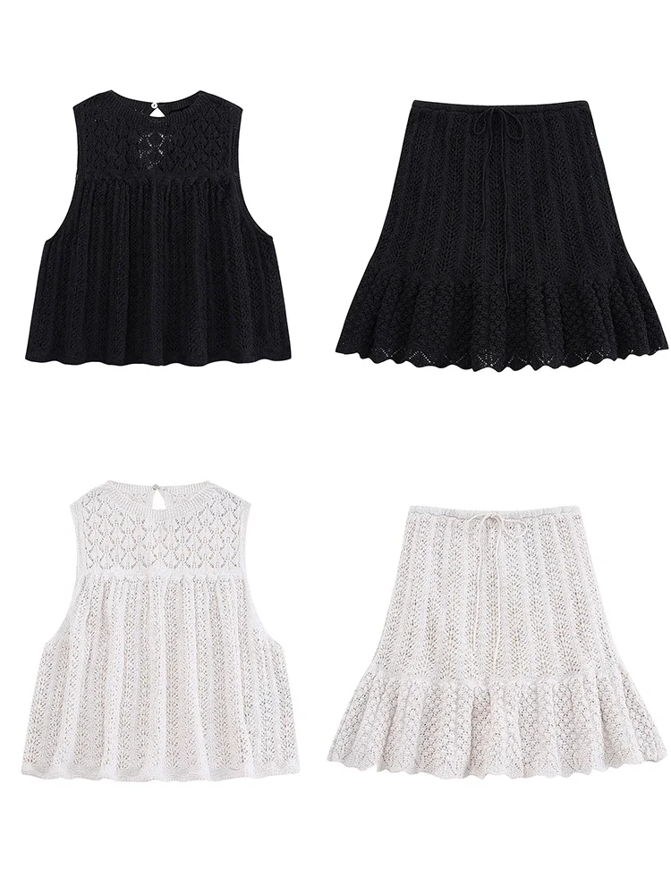 Set di gonne da donna in maglia jacquard lavorata a maglia nuova elegante minigonna a trapezio con coulisse e gilet senza maniche con scollo a O scavato