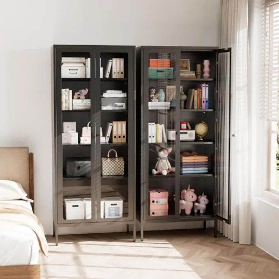 67 Metal Display Cabinet with Glass Doors and 4 Shelves, Clear Glass, Silver, Heavy-Duty Steel Frame for Home Office, Living Ro