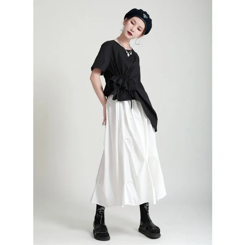 WAKUTA Summer Loose High Waist Mid Length Design Feel Small and Unique A-line Dress Yamamoto Style Dark Black Half Length Skirts