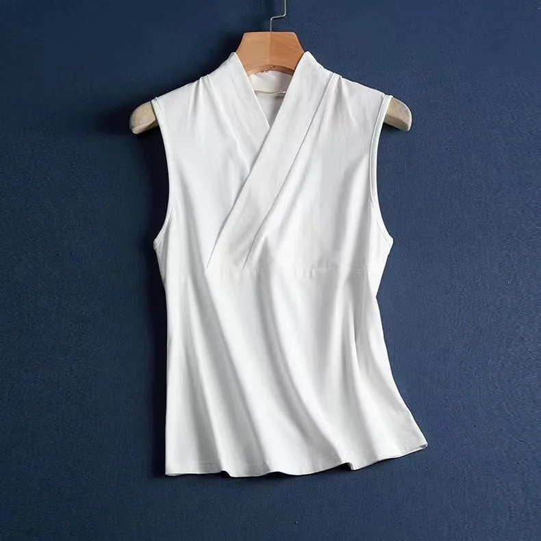 Hanfu Vest Inner Sleeveless Women Men's Cross Collar Chinese Zen Style Slanted Seam Base Top Polyester Fiber Regular Thickness
