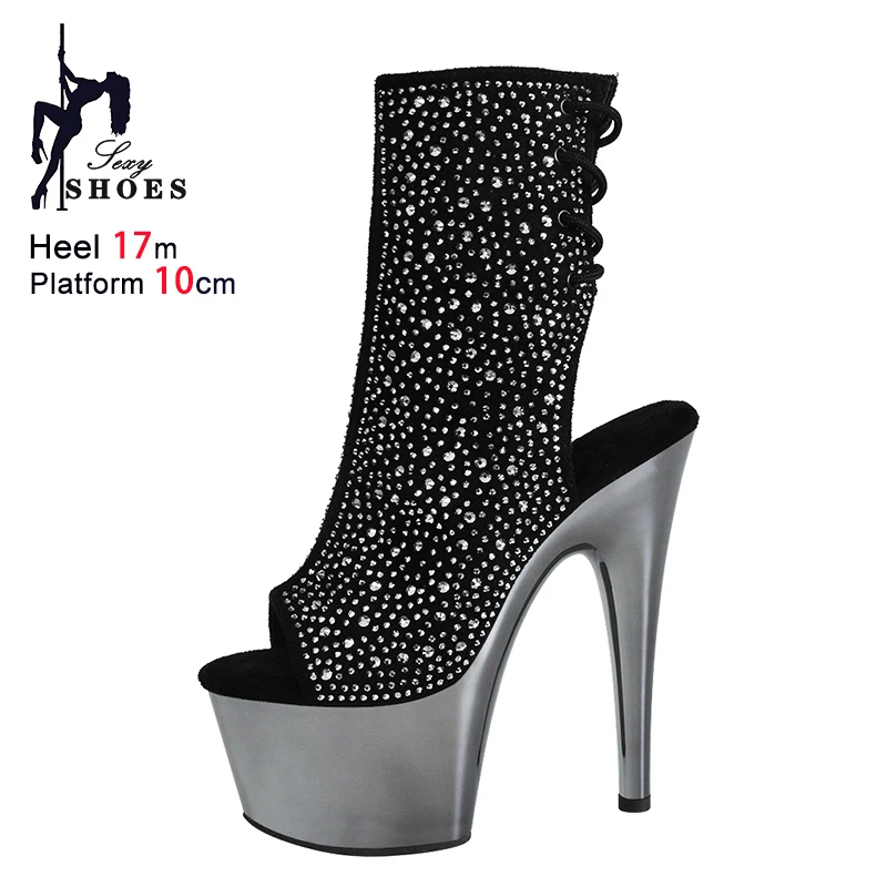 

Black Peep Toe Women Rhinestone Short Boots 17CM Stiletto Heels Booties Mujer Thick Platform Summer Hollow Out Suede Dance Shoes