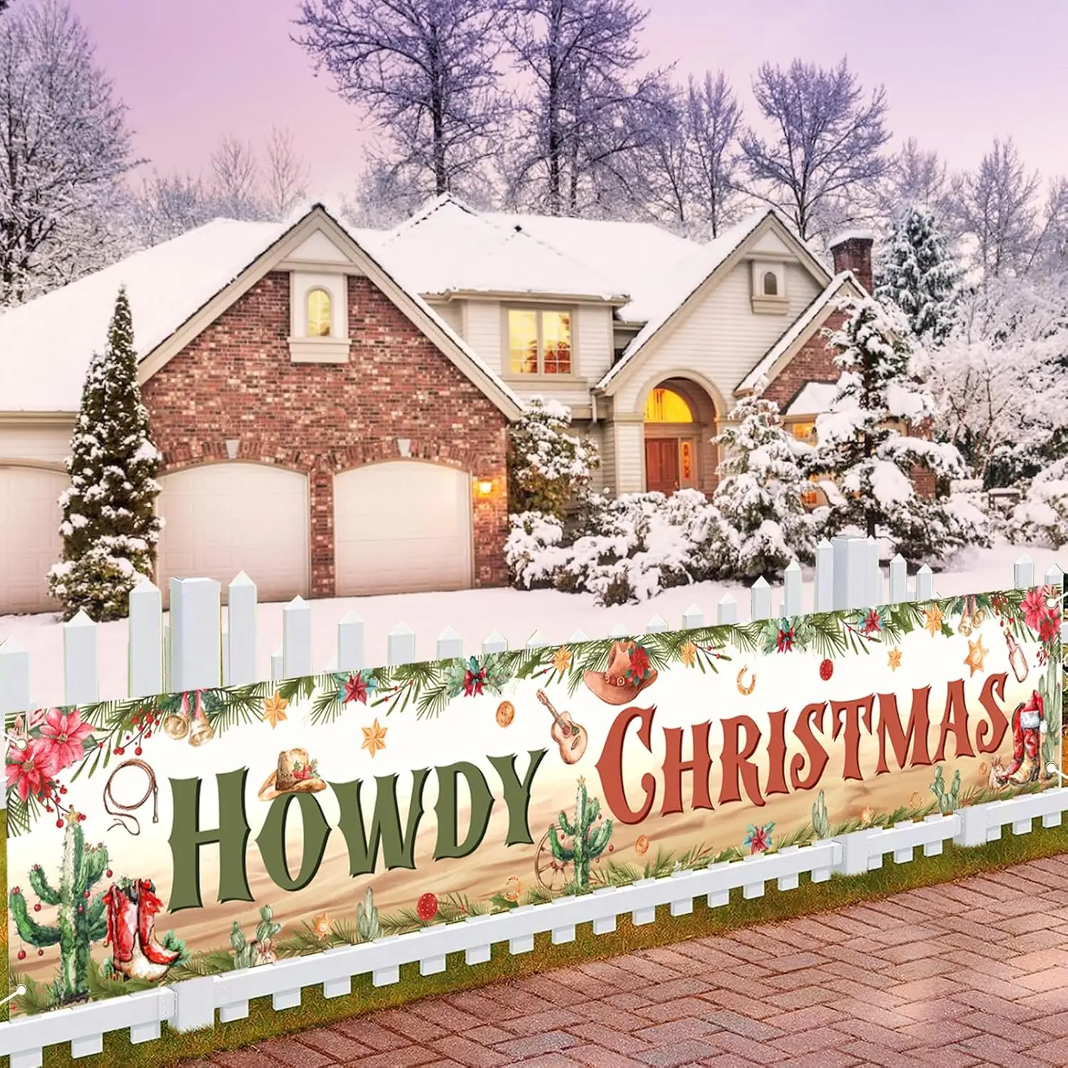 Joymemo Western Christmas Yard Decoration Outdoor Howdy Christmas Cowboy Cactus Hangin Banner for Winter Holidays Party Supplies