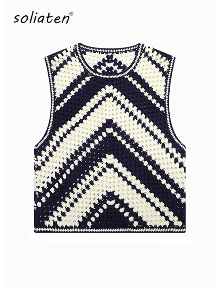 High Quality Colorblock Hollow Out Women Sweater Vests Summer Sleeveless Knitted Tanks Tops Pullover O Neck Casual Tees  C-314