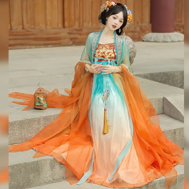 Chinese Hanfu Dress Women Cosplay Costume Party Outfit Ancient Chinese Tang Dynasty Hanfu Gradient Orange Dress Tang Suit