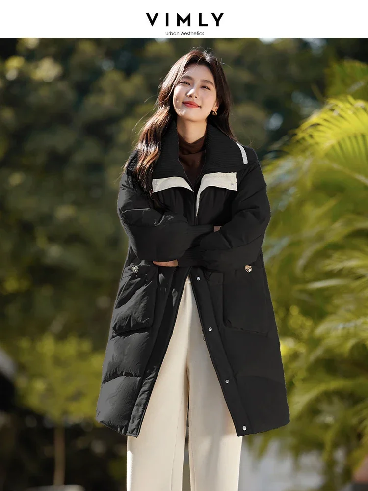 VIMLY Loose Contrast Fake 2 Piece Duck Down Coat Winter Lapel Casual Thick Warm Coat Women\'s Simple Office Lady Outerwear 50626