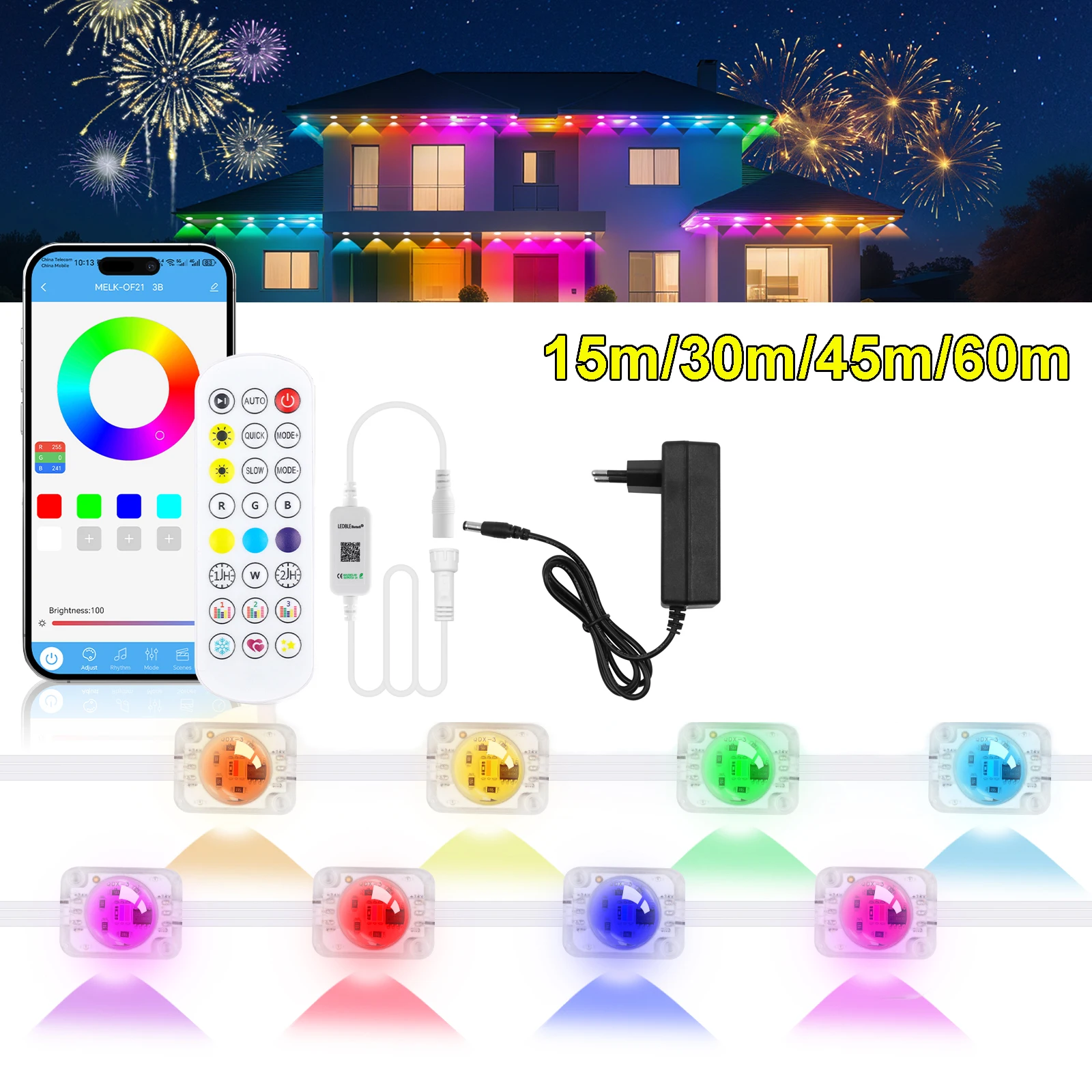 

RGBIC Eaves Lights APP Пульт дистанционного управления Постоянное наружное освещение Светильники Синхронизация музыки Водонепроницаемая гирлянда Вечеринка Праздничный декор