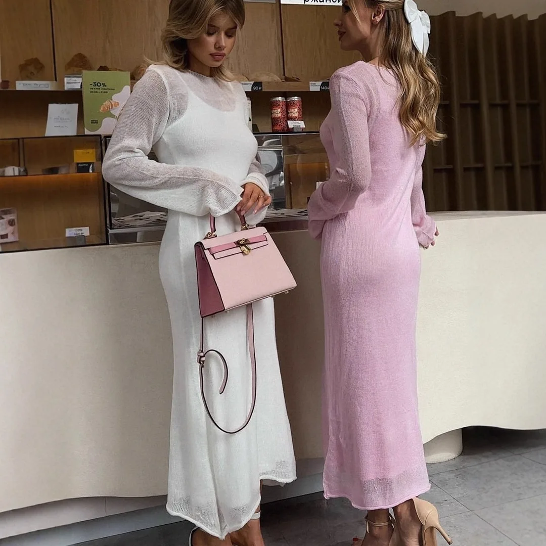 

Sexy Hollow out Knitted Long Vest Dr Two Piece Set Slim Fit Bodycon Midi Dr for Women Autumn Casual Faion Ensemble