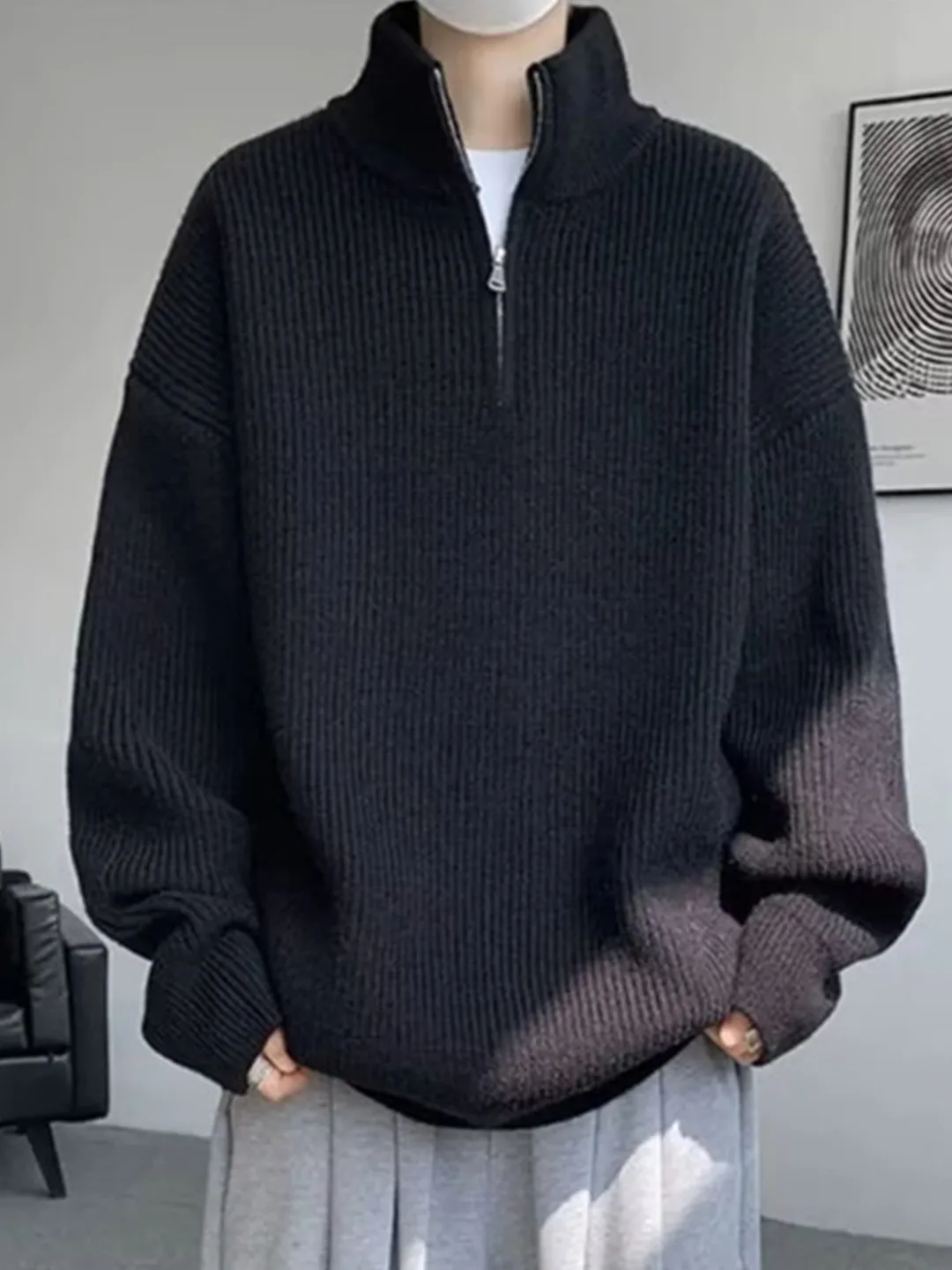 Thiened f-Collo alto Cerniera Maglione lavorato a maglia da uomo Colore puro Mid-Ne Pullover Inverno Faion Caldo morbido lungo Sve Top