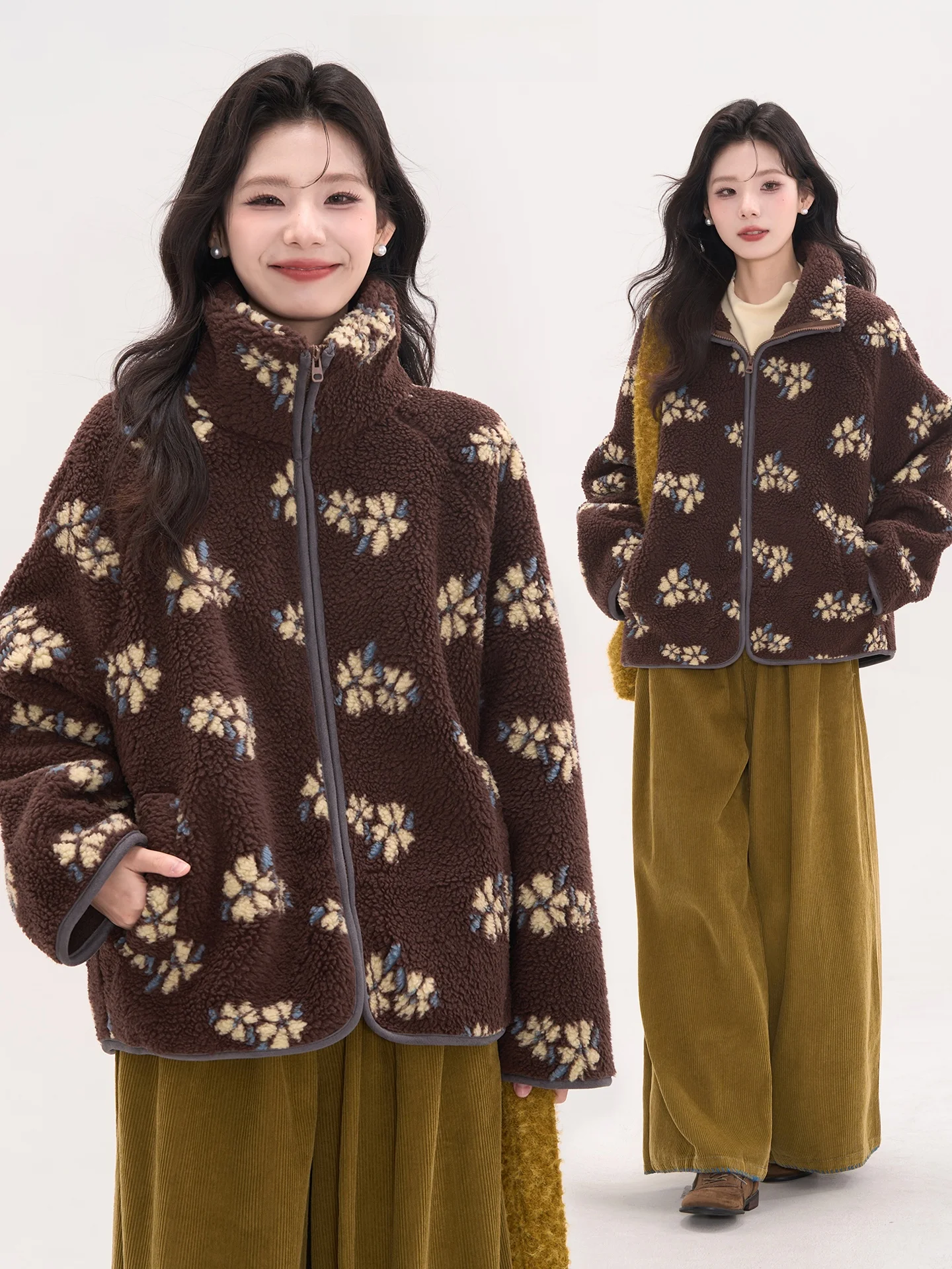 

Теплая женская зимняя куртка из овечьей шерсти с цветочным принтом в корейском стиле, утепленная, с узором «Цветочное поле», для женщин