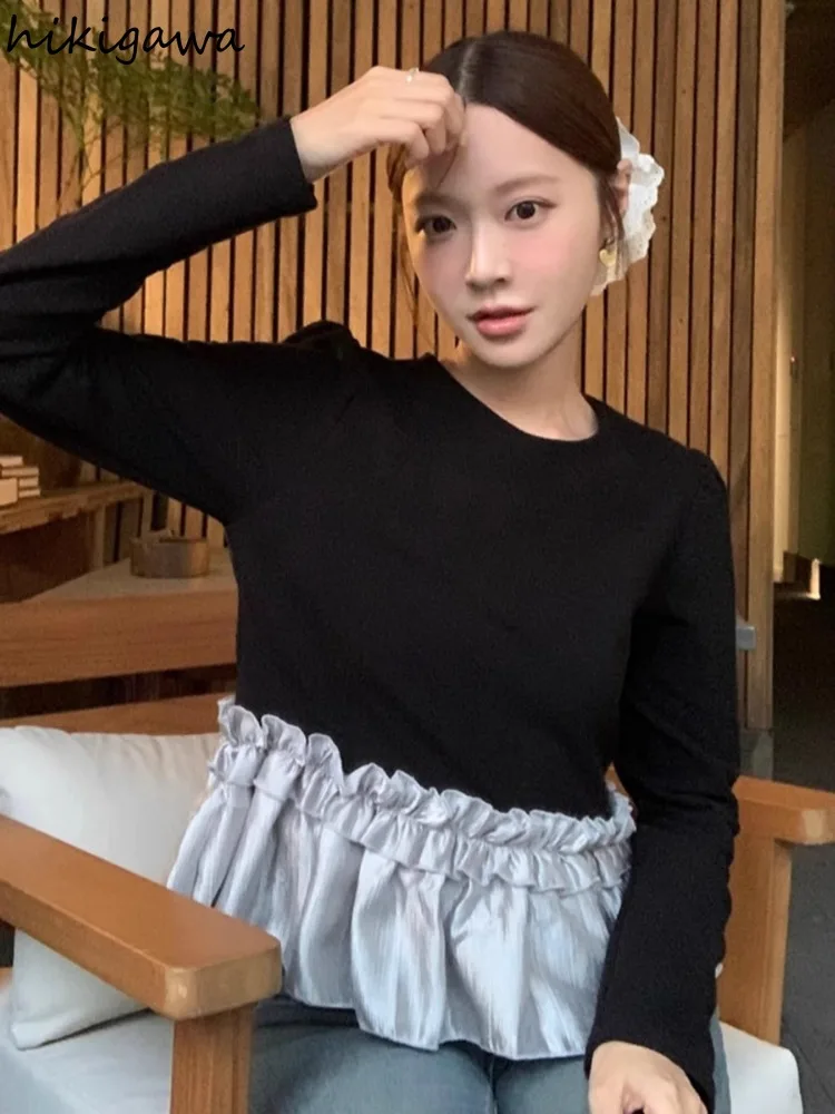 Patchwork Velvet Woman T Shirts Vintage Temperament Tees 2025 Ropa Mujer Contrast Color Ruffles Camisetas Fashion Korean T-shirt image 4