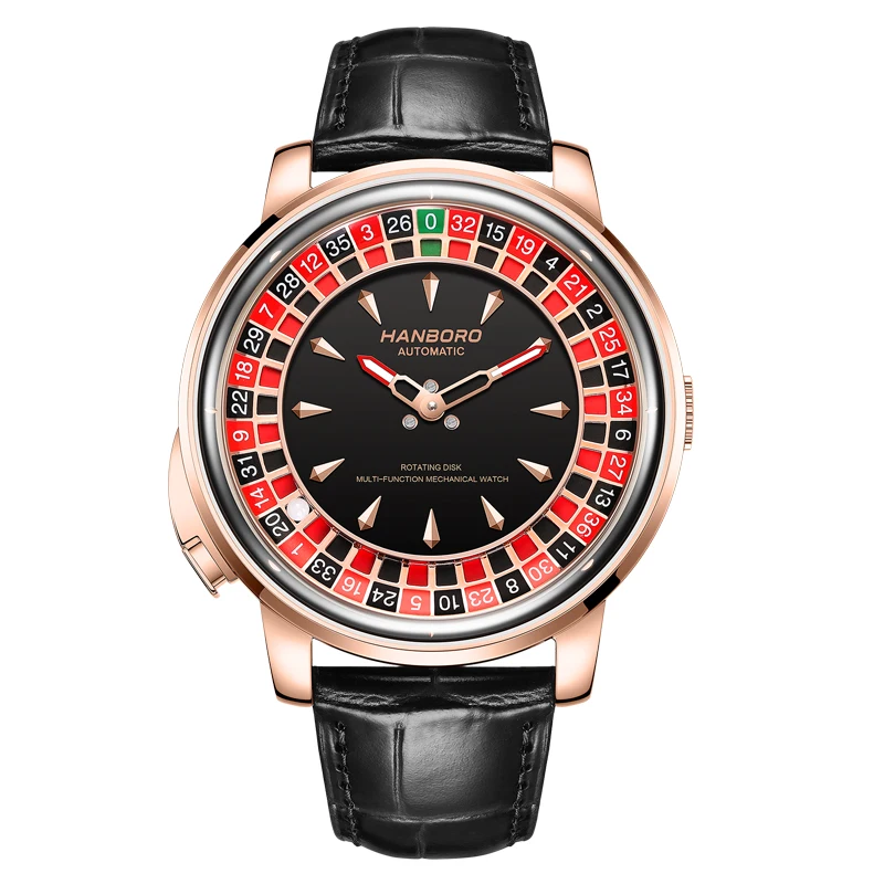 HANBORO Men Automatic Watch 43mm Mechanical Wristwatch One Clicke Play Roulette Game Dial Sapphire Luminous