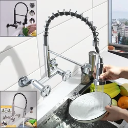 Skowll cozinha puxar para fora torneira de montagem na parede 2 alça primavera comercial torneira da cozinha, cromo polido