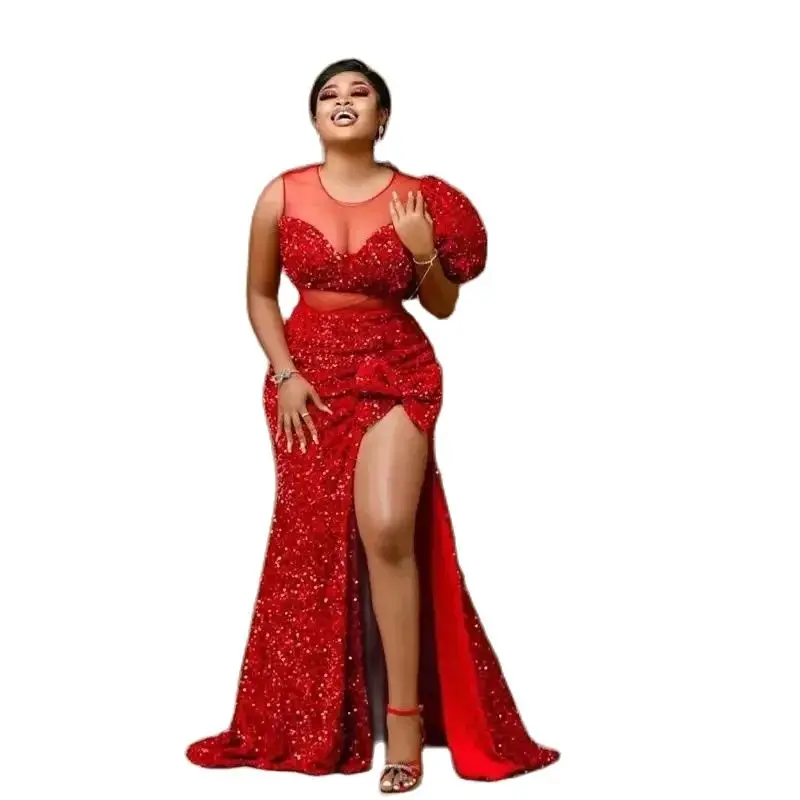 Vestidos de Fiesta de sirena con lentejuelas rojas para mujer africana, Sexy, cuello transparente, lazo hasta el muslo, vestidos de noche divididos, bata de fiesta Formal de talla grande