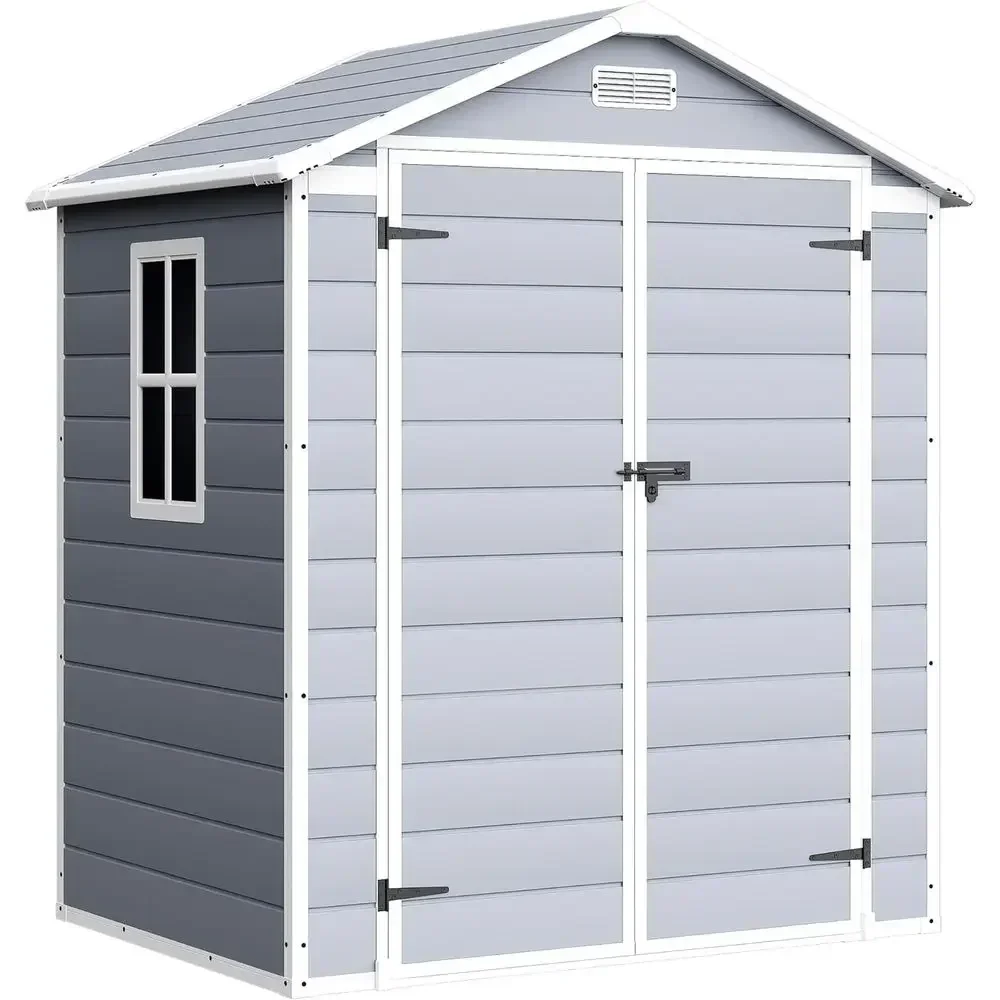 Light Grey 6x4 ft Outdoor Plastic Storage Shed with Floor, Window, and Lockable Door