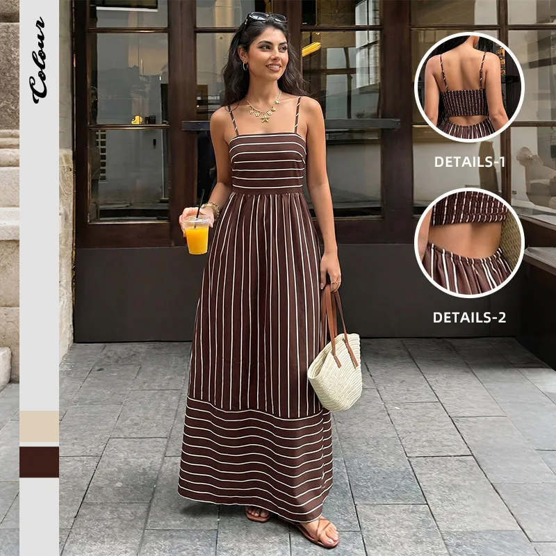 

2026 Women's Summer New Striped Backless Hollow Slim fit Beach Dress Causal Slip Strapless Long Dress Chic Party Holiday Dress