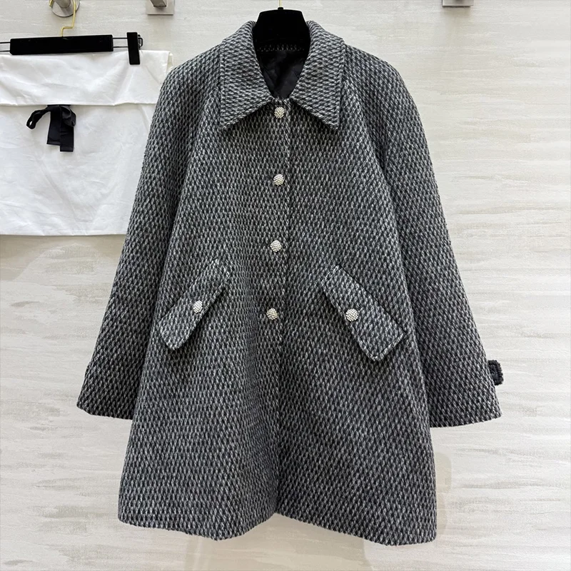 

High-quality multi-color woven pattern collar button design women's mid-length coat - luxury urban style 25110648