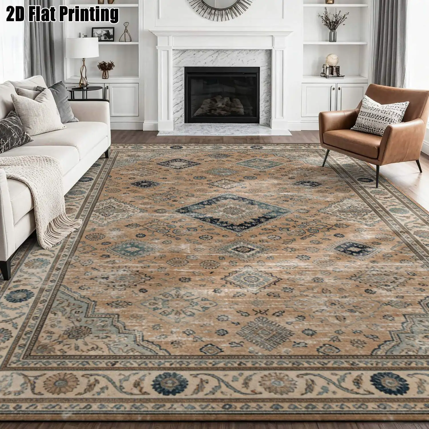 1Pc 2D Printed Carpet: Warm Brown Navy Retro Floral, Vintage Bohemian Home Decor Rug, Multi-Size Machine Washable, for Entryway/Dining Room/Bedroom Etc