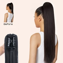 Extensión de cabello sintético para mujer, coleta larga y recta de 24 pulgadas, color negro y marrón