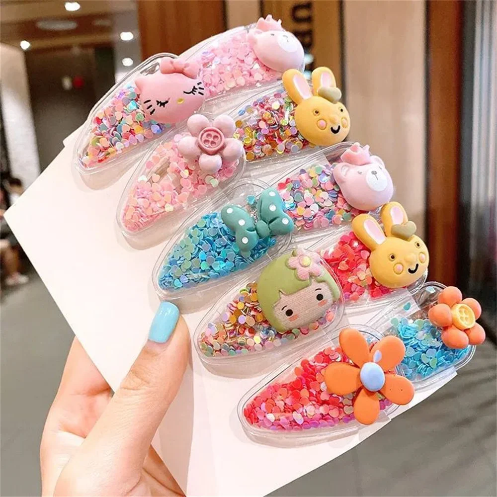 5pcs/Set Cute Fruit Quicksand Sequins Snap BB Clips Children Cartoon Rainbow Animal Bangs Hairpin Side Barrettes