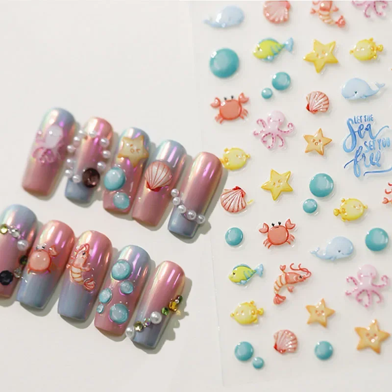 Crabs Starfish Shell Octopus Jelly Design Self Adhesive Nail Art Stickers Cute Marine Animal 5D Embossed Reliefs Manicure Decals