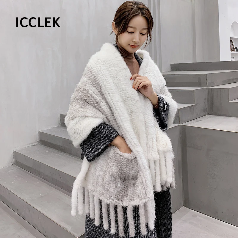 Mink Fur Shawl Women Winter Warm Luxury Large Size Fur Scarf Ladies Knitted Fur Scarves Women Wraps Evening Party Bridal Shawls