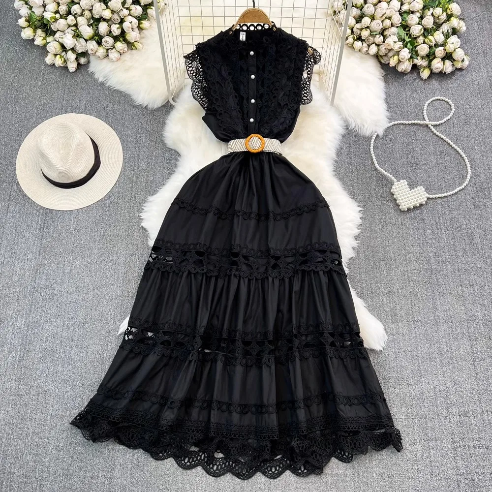 Summer Holiday Blue White Black Embroidery Hollow Out Dress Women's Sleeveless Turtleneck Belt Lace Up Loose Robe Vestidos