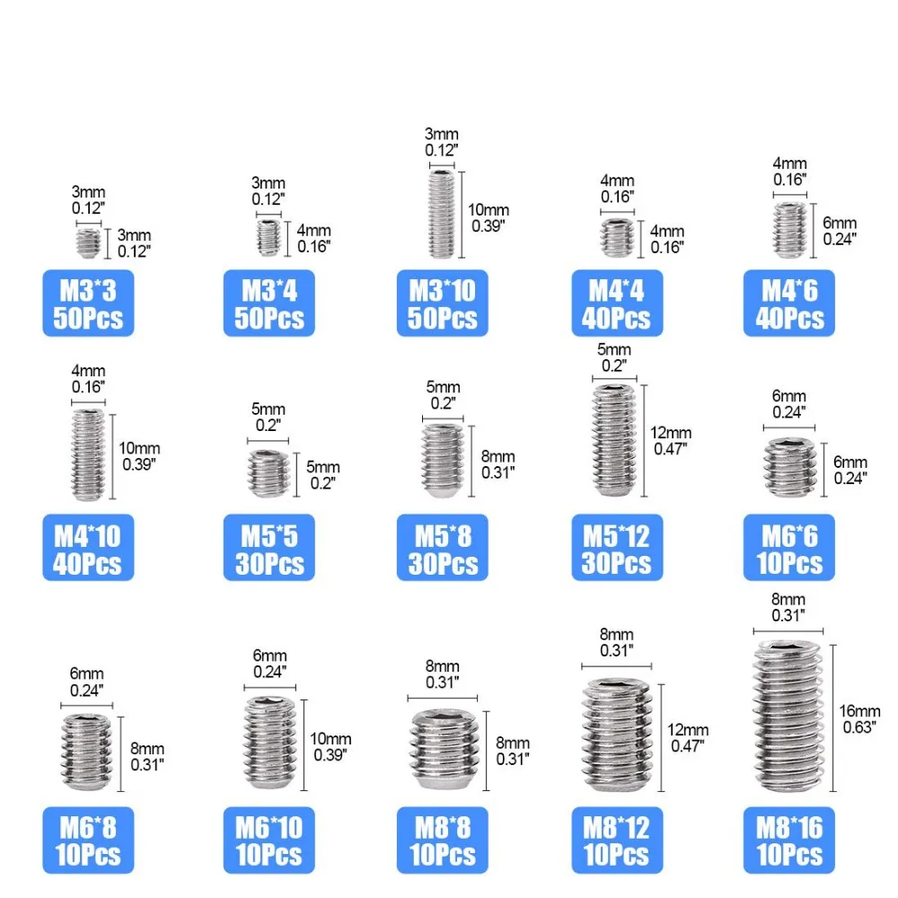 420pcs M3 M4 M5 M6 M8 304 Stainless Steel Hexagon Socket Machine Screws Set Headless Stop Screws Box DIY Set Door Handles Bolt