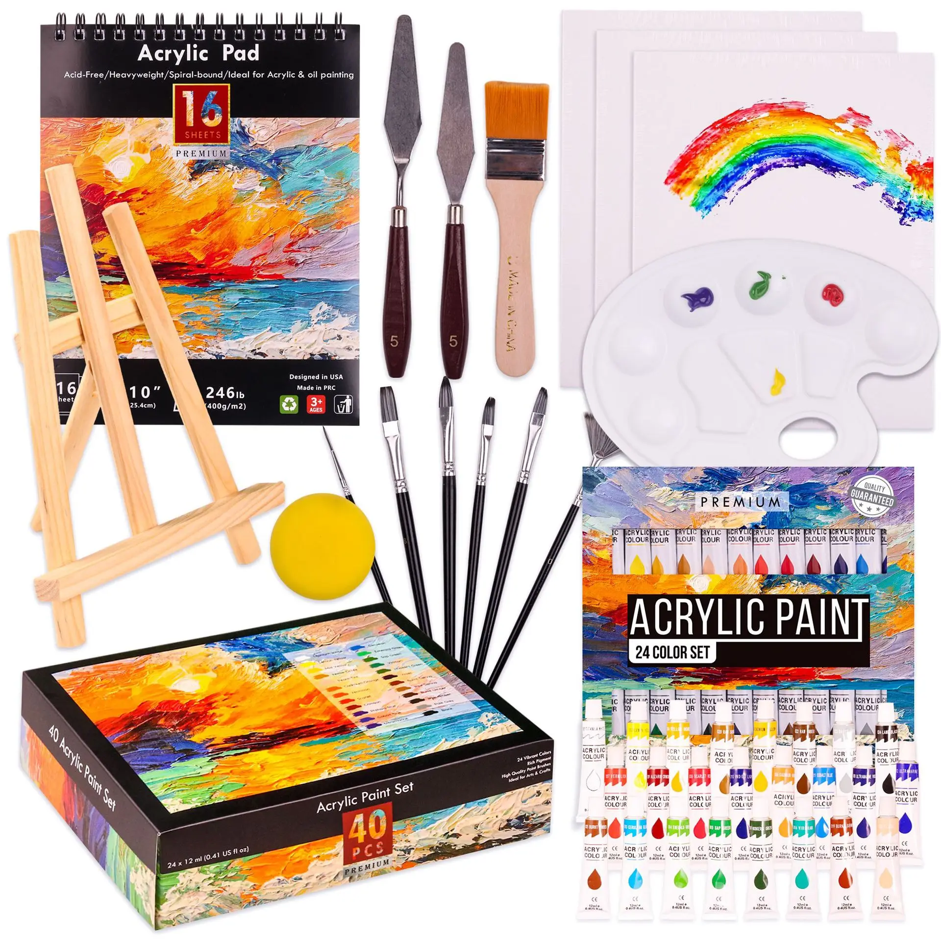 40Pcs Acrylic Paint Art Set 24 Colors 12ml Waterproof Painting Kit with Wooden Easel Brushes Canvas Palette for DIY Graffiti Art