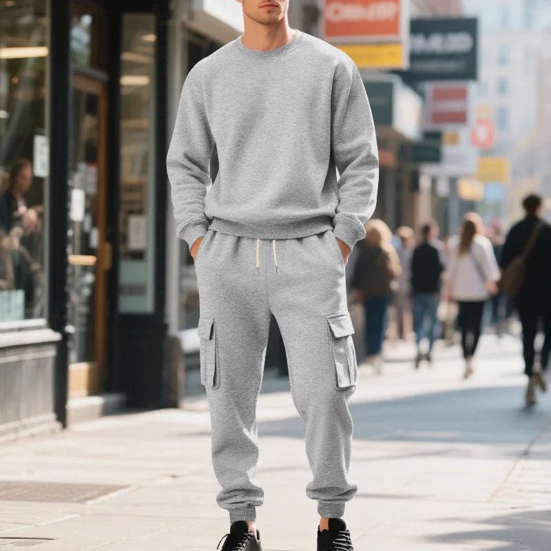 Europe, America, autumn and winter heavy velvet men's loose casual sports tooling round neck solid color sweater trousers set