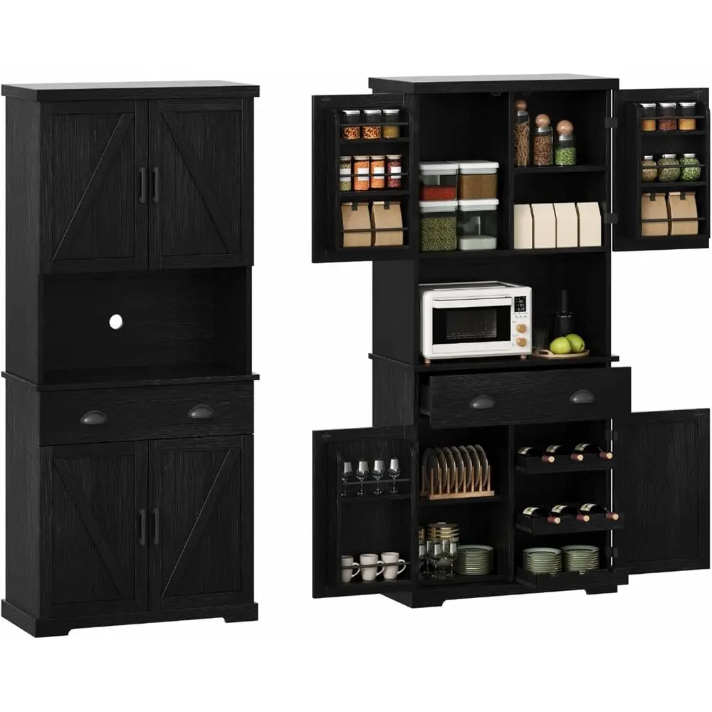 

72 Inch Pantry Cabinet with Storage Drawers, Microwave Stand, and Hutch for Kitchen, Dining, or Living Room in Black