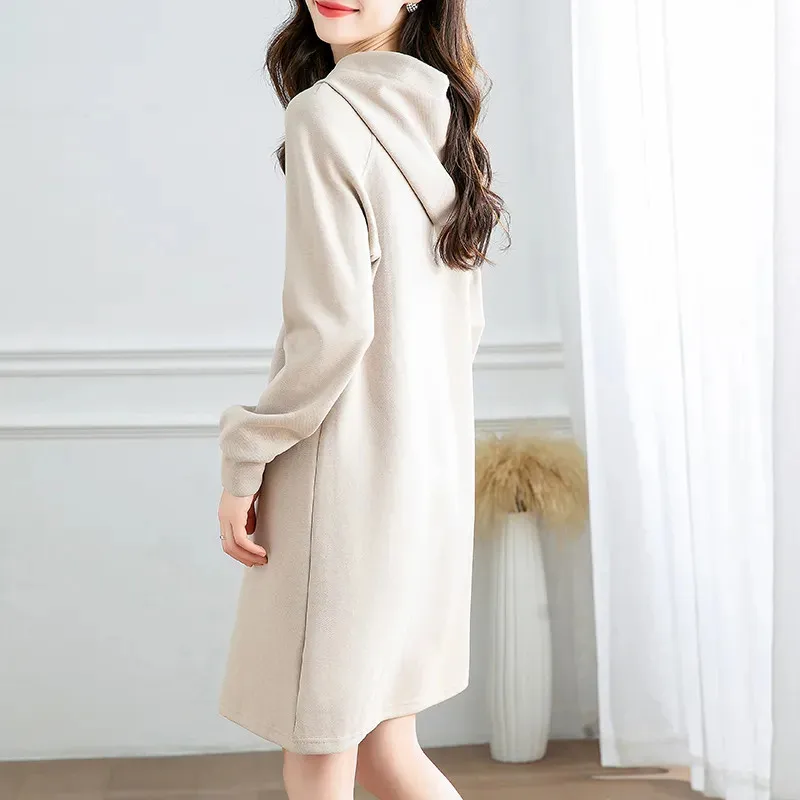 Cotton Sweater Dress Spring 2023  of Sports and Leisure Loose Slim Hooded Sweater Dress Female