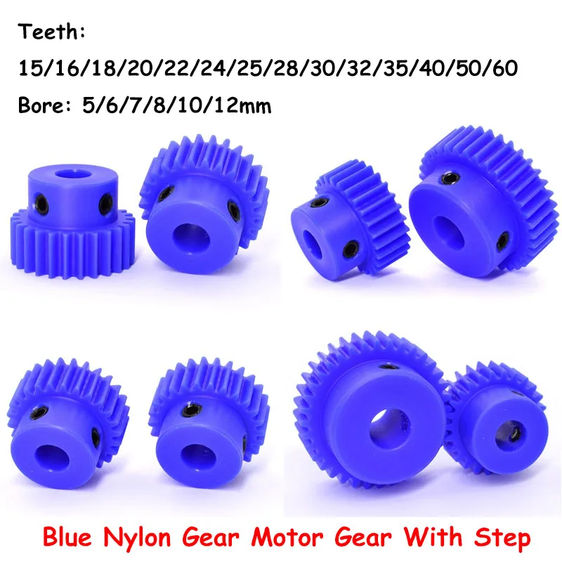 

1Mod Blue Nylon Gear Motor Gear With Step 15/16/18/20/22/24/25/28/30/32/35/40/50/60 Teeth Plastic Spur Gear Bore 5/6 7/8/10/12mm