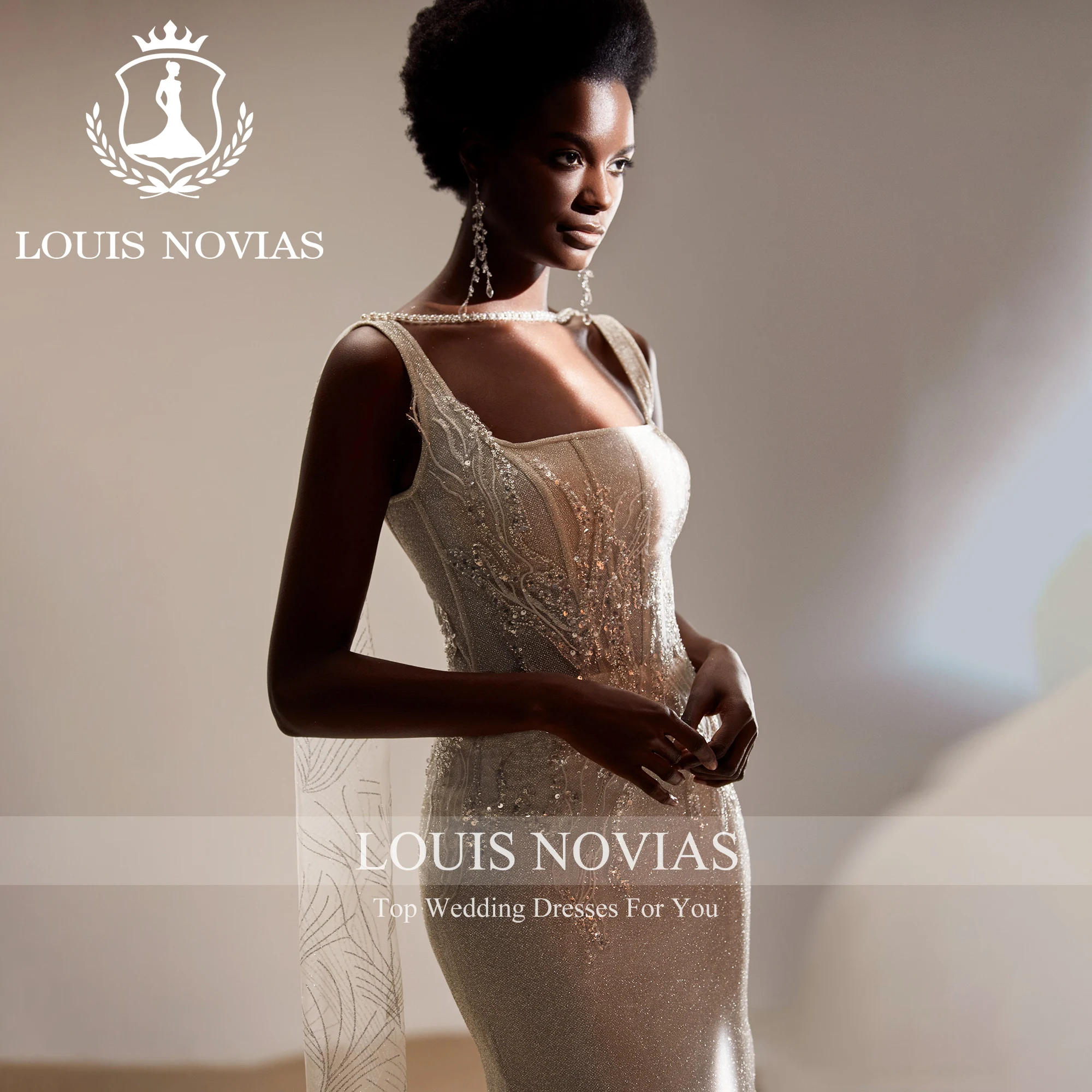 LOUIS NOVIAS Mermaid Wedding Dresses 2023 Square Collar Shining Tulle Embroidery CRYSTAL Trumpet Wedding Gown Vestidos De Novia