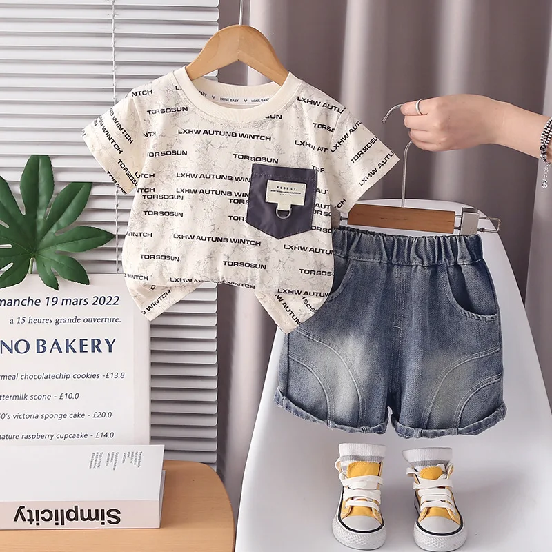 Kids Boys 2-Piece Summer Outfit, Plaid Letter T-shirt & Elastic Waist Denim Shorts, Toddler Fashion Suit for Beach, Play, Daily