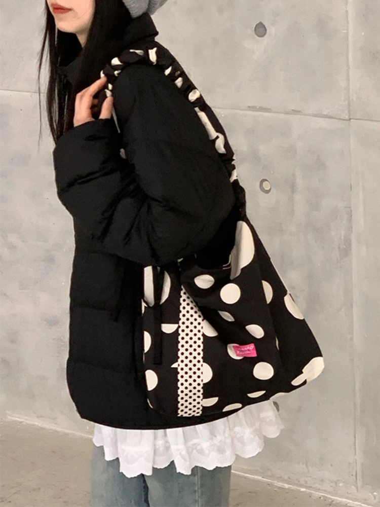 

Black Polka-dot Shoulder Bags Commuting Vintage Canvas Bags 2024 Korean Chic Niche Design Crossbody Bag