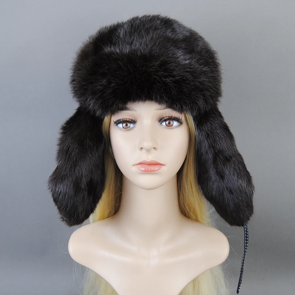 Venda quente inverno feminino 100% real pele de coelho bombardeiro chapéu ushanka boné trapper mulher russa chapéus de esqui bonés couro de pele de carneiro real